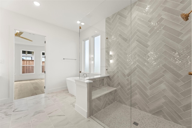 4201 Linear, Prosper, TX 75078 - bathroom featuring a freestanding bath, a shower stall, recessed lighting, a ceiling fan, and baseboards