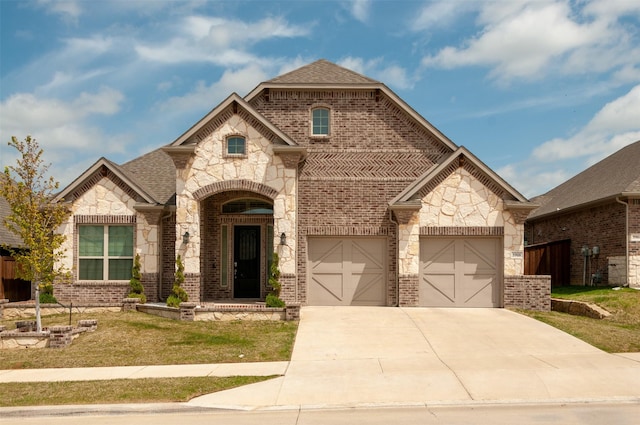 french provincial home featuring brick siding, roof with shingles, concrete driveway, a garage, and a front lawn