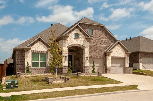 french country home featuring a garage, brick siding, driveway, stone siding, and roof with shingles