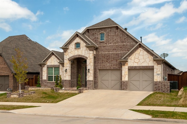 french country inspired facade featuring driveway, a shingled roof, an attached garage, fence, and brick siding