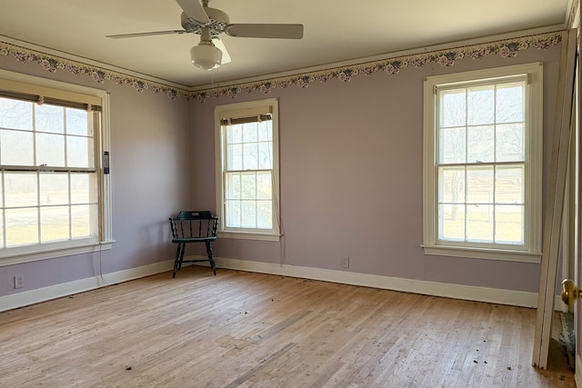 empty room with light wood finished floors, a wealth of natural light, and baseboards