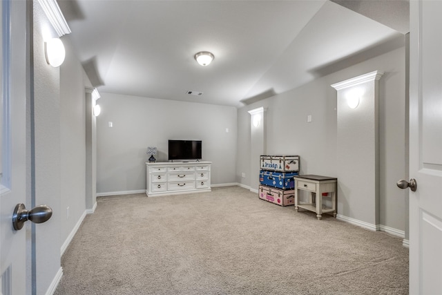 rec room with carpet flooring, visible vents, and baseboards