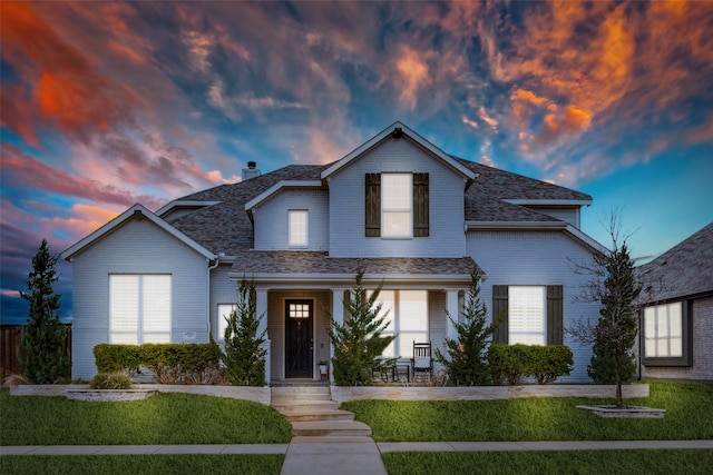 traditional-style home with a front yard, a porch, and brick siding