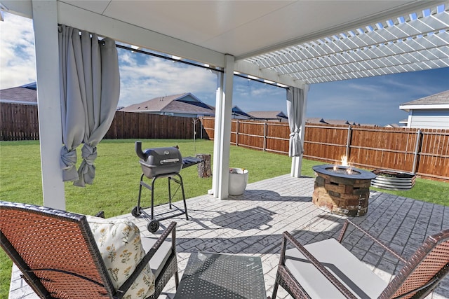 view of patio / terrace with a fenced backyard, a fire pit, and a pergola