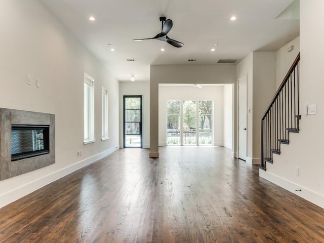 unfurnished living room with recessed lighting, visible vents, a ceiling fan, and a high end fireplace