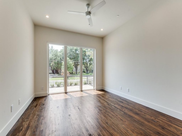 unfurnished room with dark wood-style floors, ceiling fan, recessed lighting, and baseboards