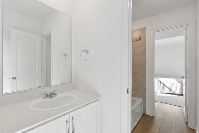 bathroom with wood finished floors and vanity