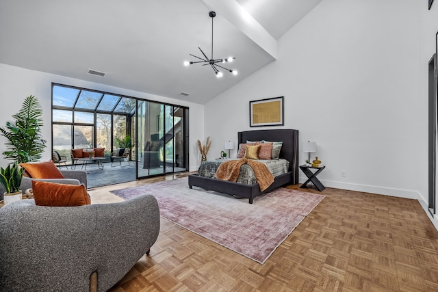 bedroom featuring access to exterior, visible vents, an inviting chandelier, high vaulted ceiling, and baseboards