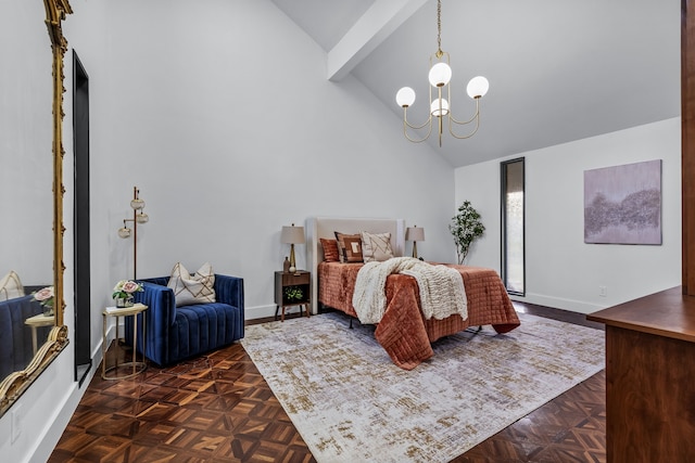 bedroom with a chandelier, high vaulted ceiling, beamed ceiling, and baseboards