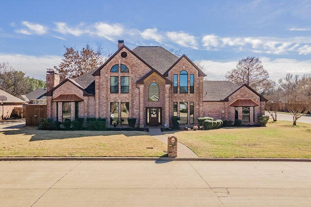 french provincial home with a shingled roof, brick siding, a chimney, and a front lawn