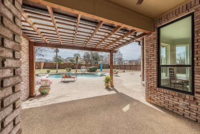 view of patio featuring a fenced in pool, a fenced backyard, and a pergola