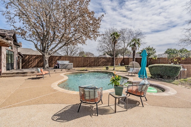 view of pool featuring a fenced in pool, a fenced backyard, and a patio