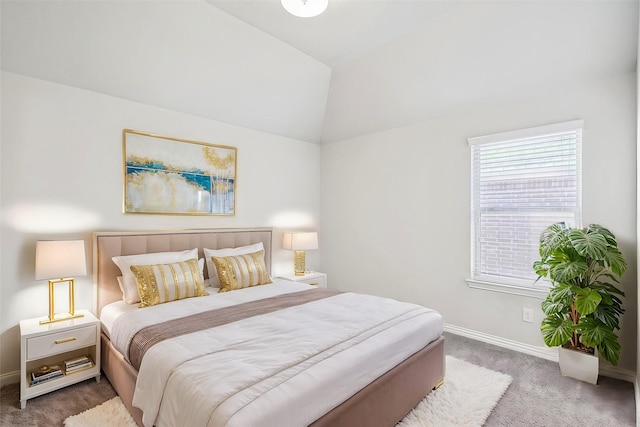 bedroom featuring baseboards, carpet, and lofted ceiling