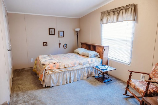 carpeted bedroom featuring ornamental molding