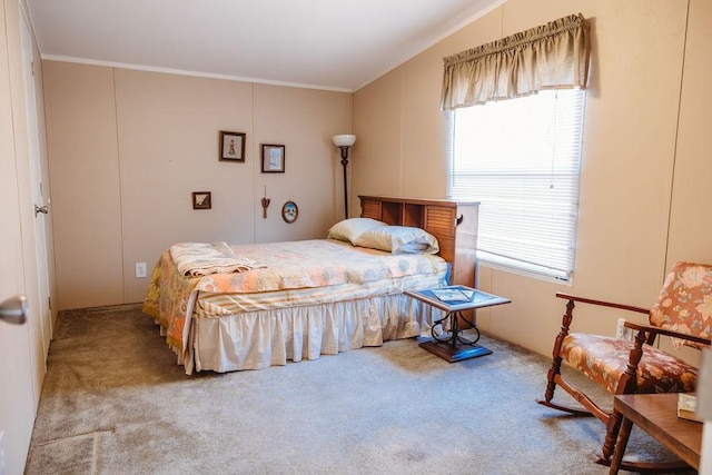 carpeted bedroom with ornamental molding