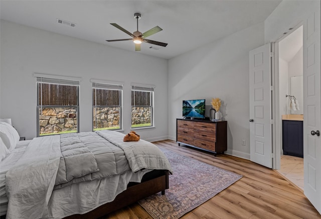 bedroom featuring light wood-type flooring, baseboards, visible vents, and ceiling fan