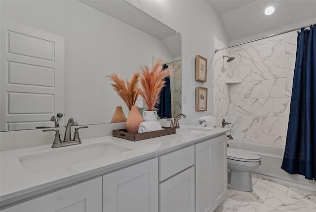 bathroom with double vanity, marble finish floor, shower / bath combo, and a sink