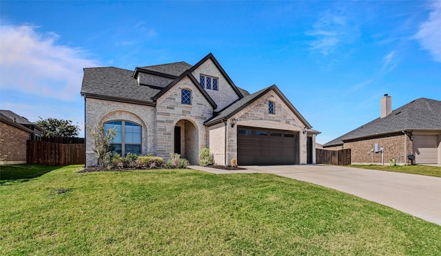 french country style house with a shingled roof, fence, a front lawn, and concrete driveway