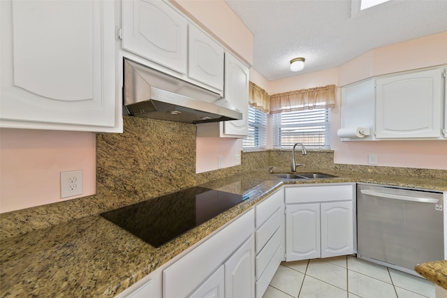 kitchen with black electric stovetop, white cabinetry, a sink, dishwasher, and under cabinet range hood