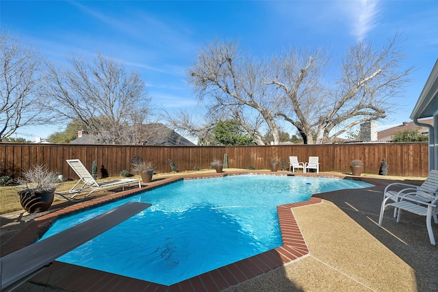 view of pool with a fenced in pool, a fenced backyard, and a patio