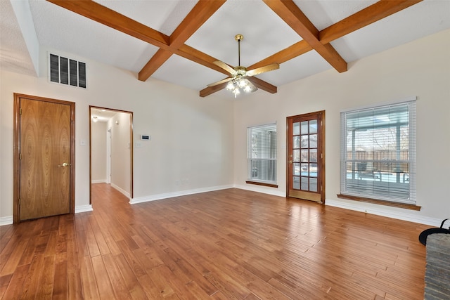 unfurnished living room with baseboards, visible vents, coffered ceiling, and wood finished floors