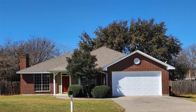 ranch-style home featuring driveway, a front lawn, an attached garage, and fence