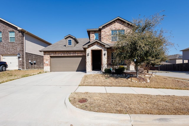 view of front of house with stone siding, concrete driveway, brick siding, and an attached garage