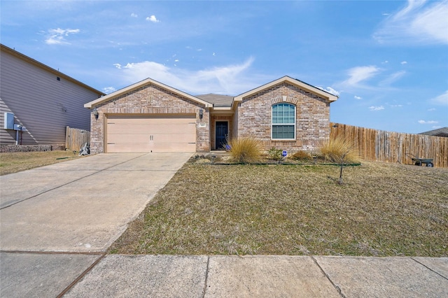 single story home with a garage, brick siding, concrete driveway, fence, and a front yard