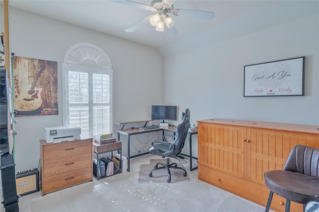 office space with a ceiling fan and lofted ceiling