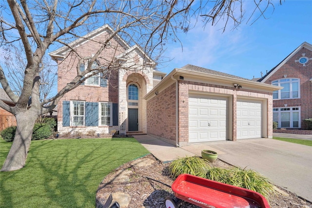 traditional-style home featuring a garage, a front yard, concrete driveway, and brick siding