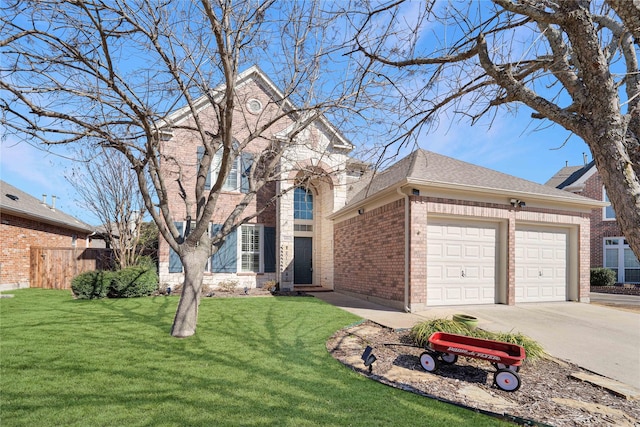 traditional home with an attached garage, brick siding, fence, driveway, and a front lawn