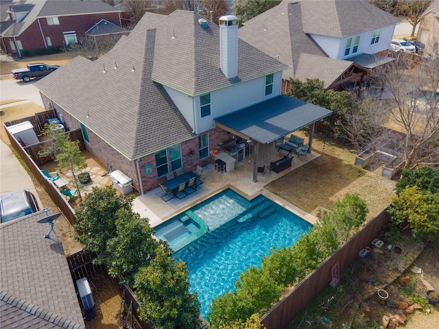 view of pool featuring a fenced backyard and a patio