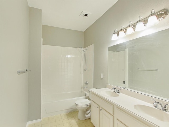 full bathroom featuring bathtub / shower combination, a sink, toilet, and double vanity