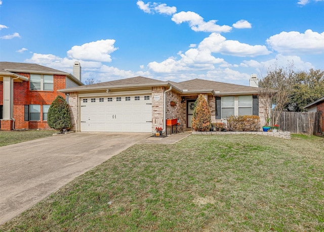 view of front of house featuring concrete driveway, a chimney, an attached garage, fence, and a front lawn