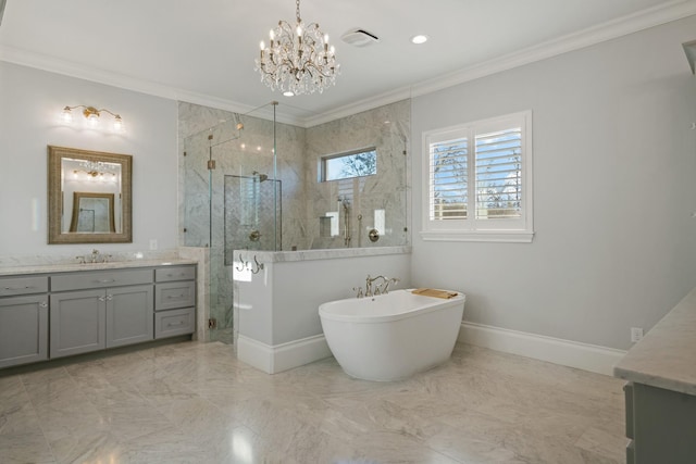 bathroom featuring ornamental molding, baseboards, a shower stall, and vanity