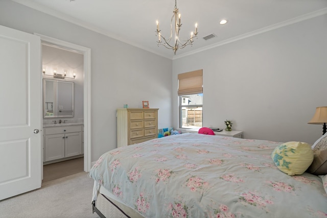 bedroom featuring crown molding, a notable chandelier, light colored carpet, visible vents, and ensuite bathroom