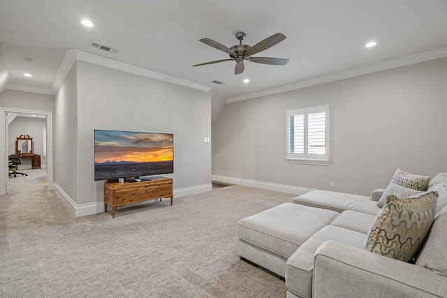 living room with carpet floors, baseboards, visible vents, and recessed lighting