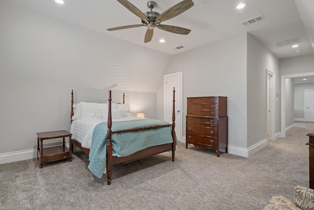 carpeted bedroom with baseboards, visible vents, and recessed lighting