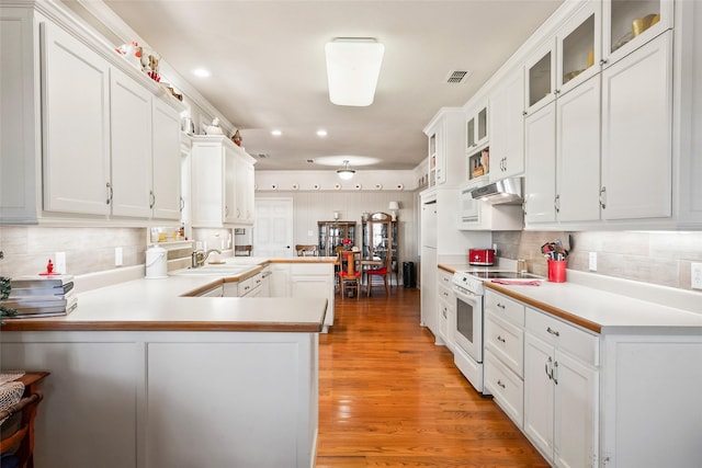 kitchen with under cabinet range hood, visible vents, light countertops, light wood finished floors, and white range with electric cooktop