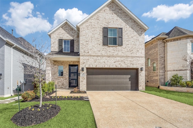 traditional-style home featuring a front lawn, concrete driveway, brick siding, and an attached garage