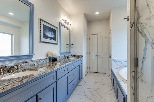 648 Half Moon Way, Runaway Bay, TX 76426 - bathroom featuring marble finish floors, double vanity, a bath, a marble finish shower, and recessed lighting