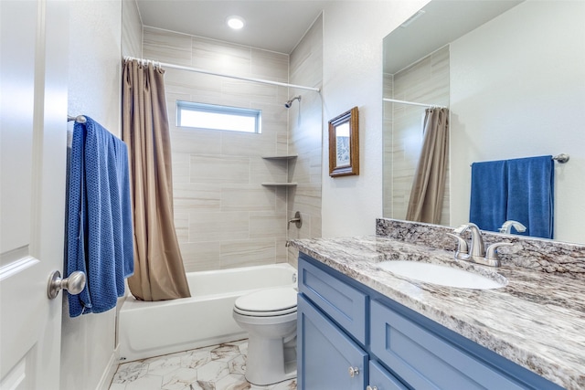 full bath featuring marble finish floor, vanity, shower / bath combo with shower curtain, and toilet