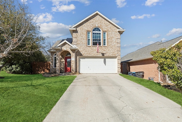 traditional home with brick siding, concrete driveway, fence, a garage, and a front lawn