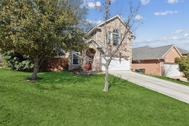 traditional-style house with brick siding, concrete driveway, an attached garage, fence, and a front lawn