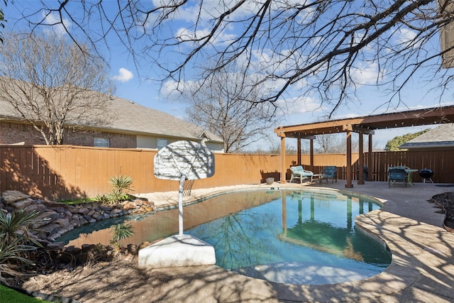 view of pool featuring a fenced in pool, a fenced backyard, and a patio