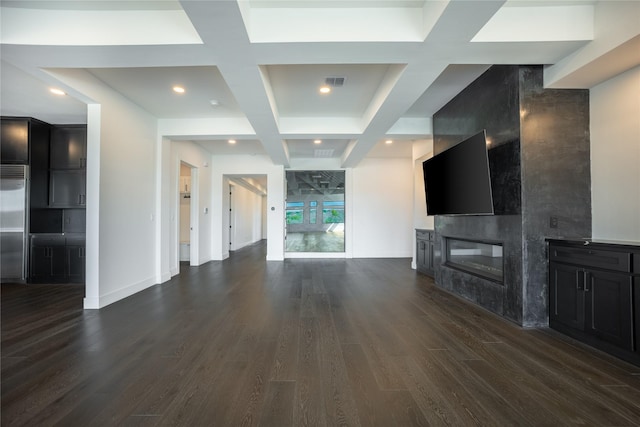 unfurnished living room with dark wood-style flooring, visible vents, a high end fireplace, coffered ceiling, and beamed ceiling