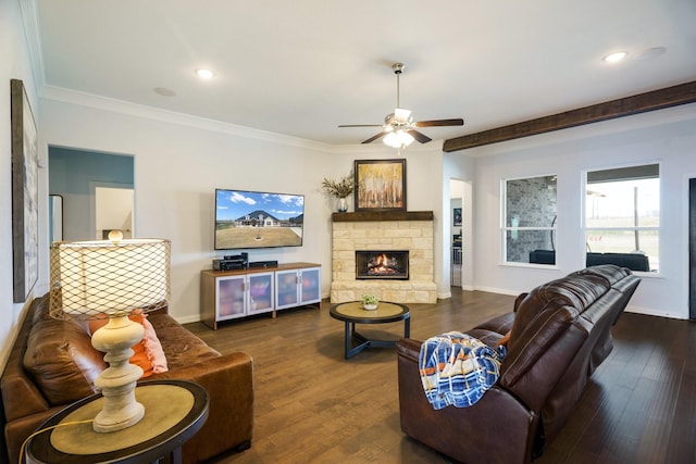 living area with baseboards, a stone fireplace, wood finished floors, and crown molding