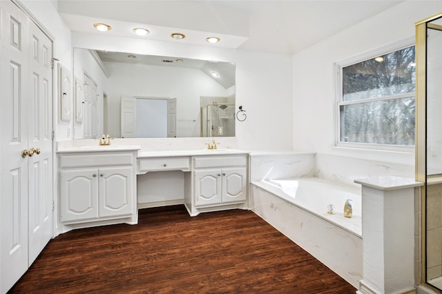 full bath featuring a stall shower, a garden tub, a sink, and double vanity