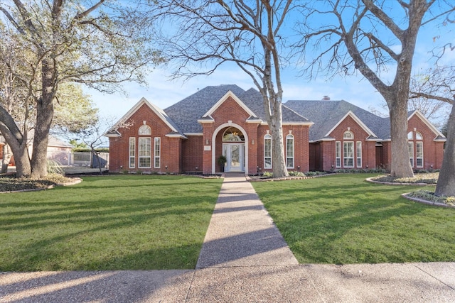 traditional home with roof with shingles, brick siding, a chimney, and a front yard