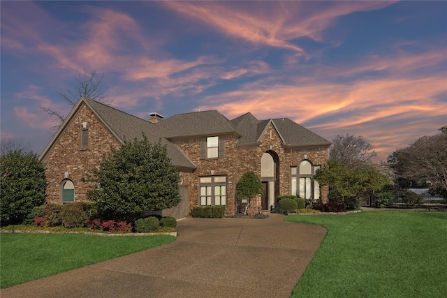 french country home with brick siding, a shingled roof, concrete driveway, a front lawn, and a chimney